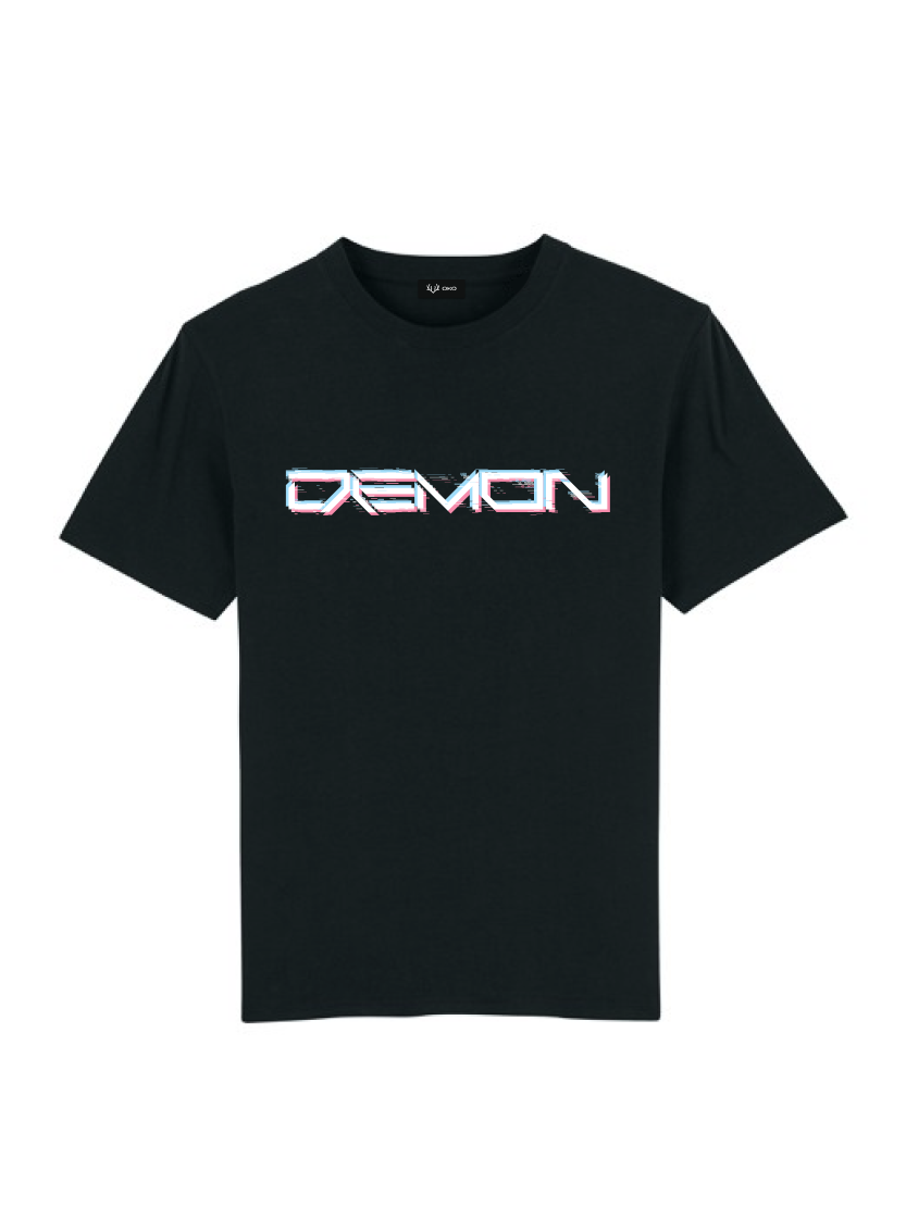 Glitched "Demon" digital 3d effect white text print on a black unisex T-shirt
