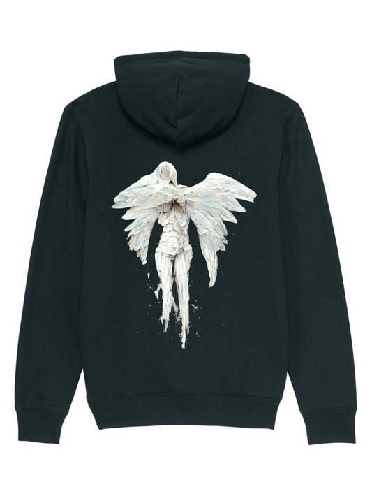 Glitched angel print black unisex hoodie