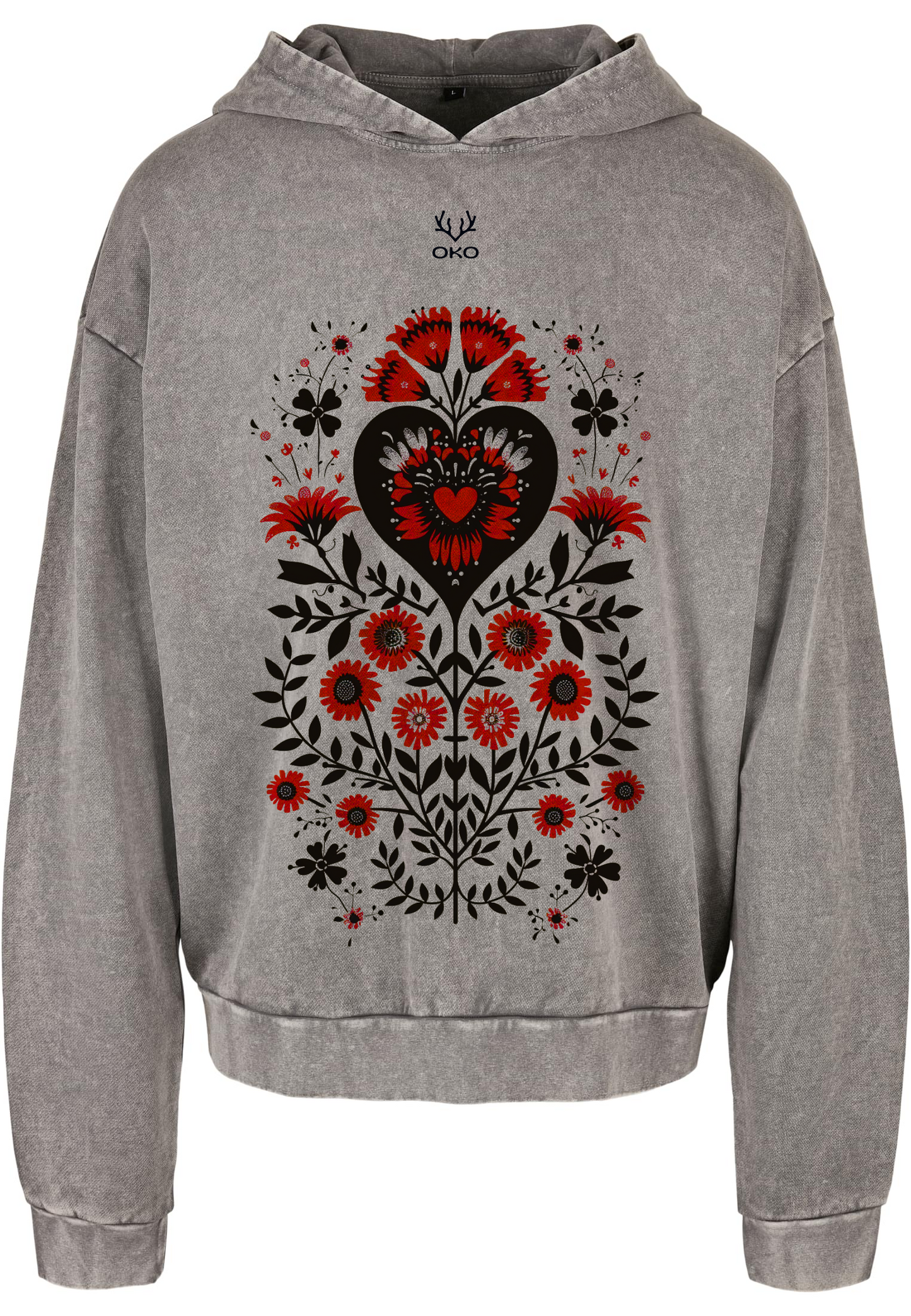 Grey unisex hoodie with ornament print