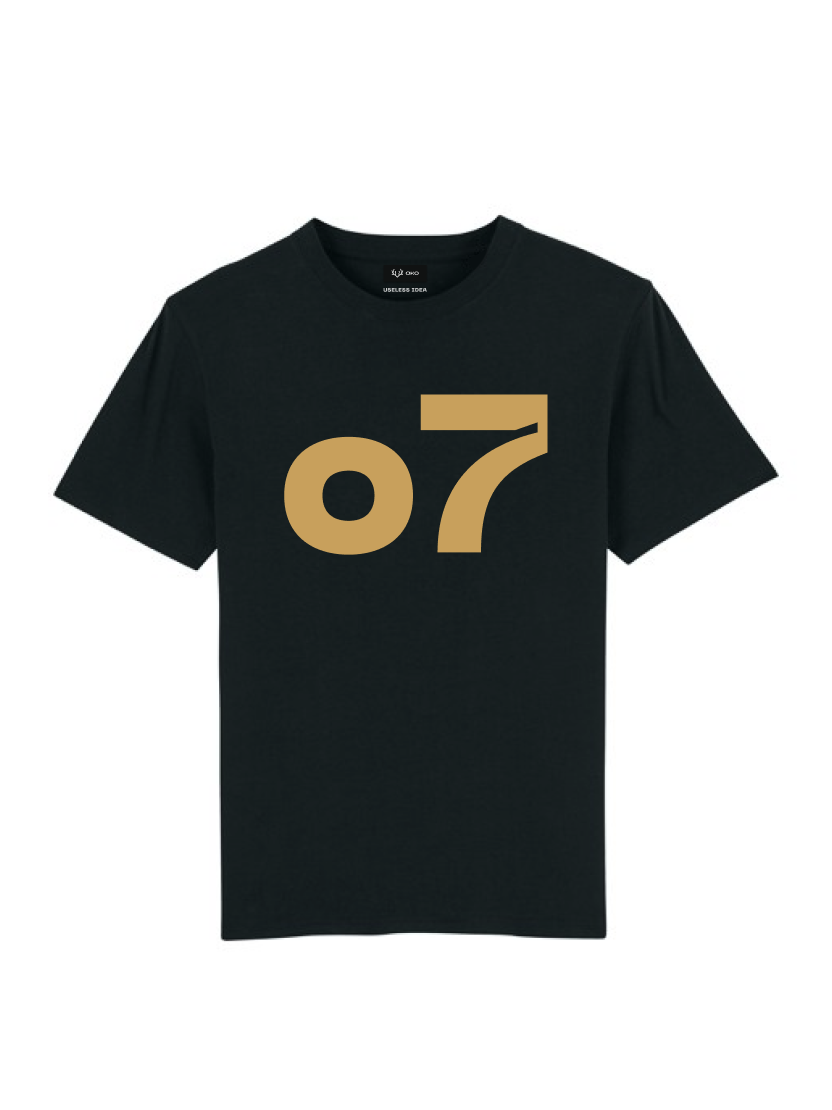 UI x OKO gold "o7" print on a black unisex T-shirt