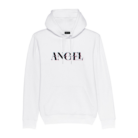 Glitched "Angel" digital 3d effect black text print on a white unisex hoodie
