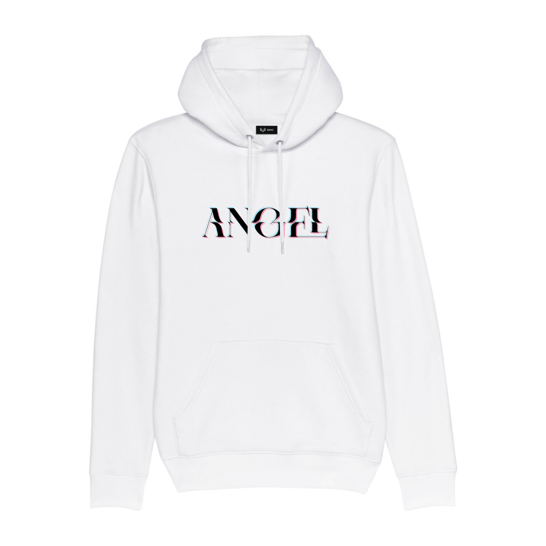 Glitched "Angel" digital 3d effect black text print on a white unisex hoodie