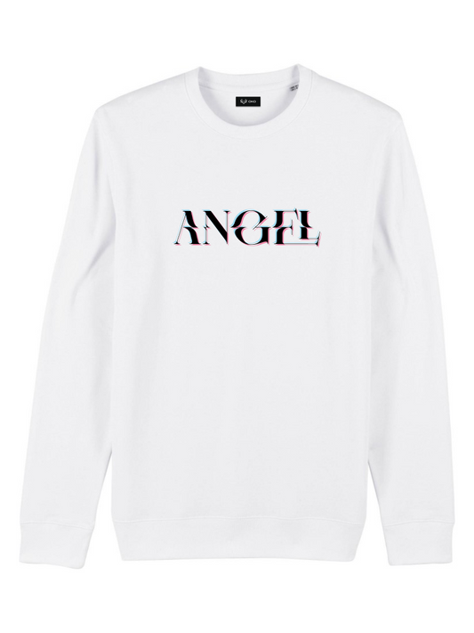 Glitched "Angel" digital 3d effect black text print on a white unisex sweatshirt
