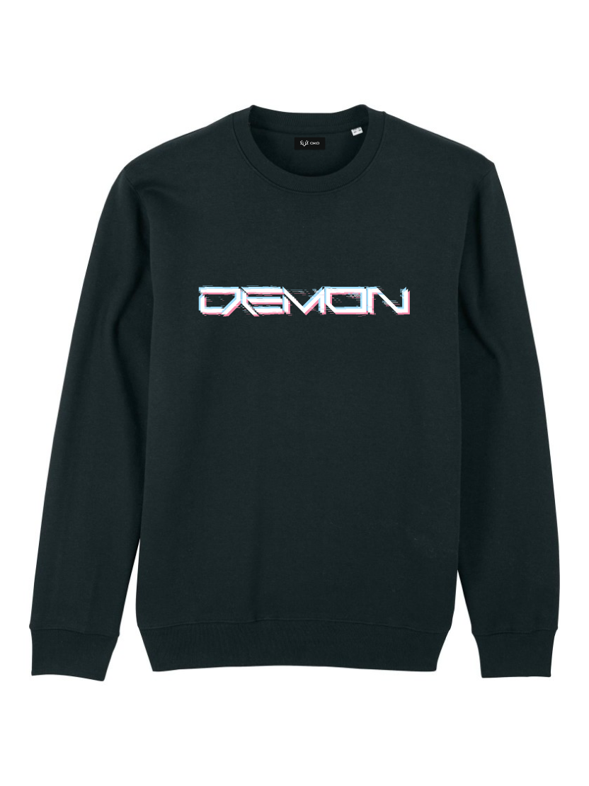 Glitched "Demon" digital 3d effect white text print on a black unisex sweatshirt