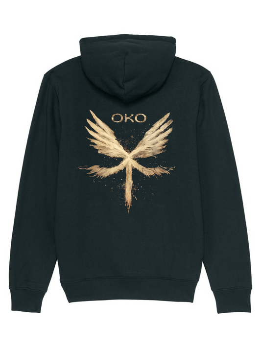 Glitched golden angel print black unisex hoodie