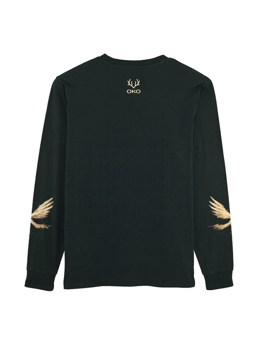 Glitched golden angel print black unisex longsleeve