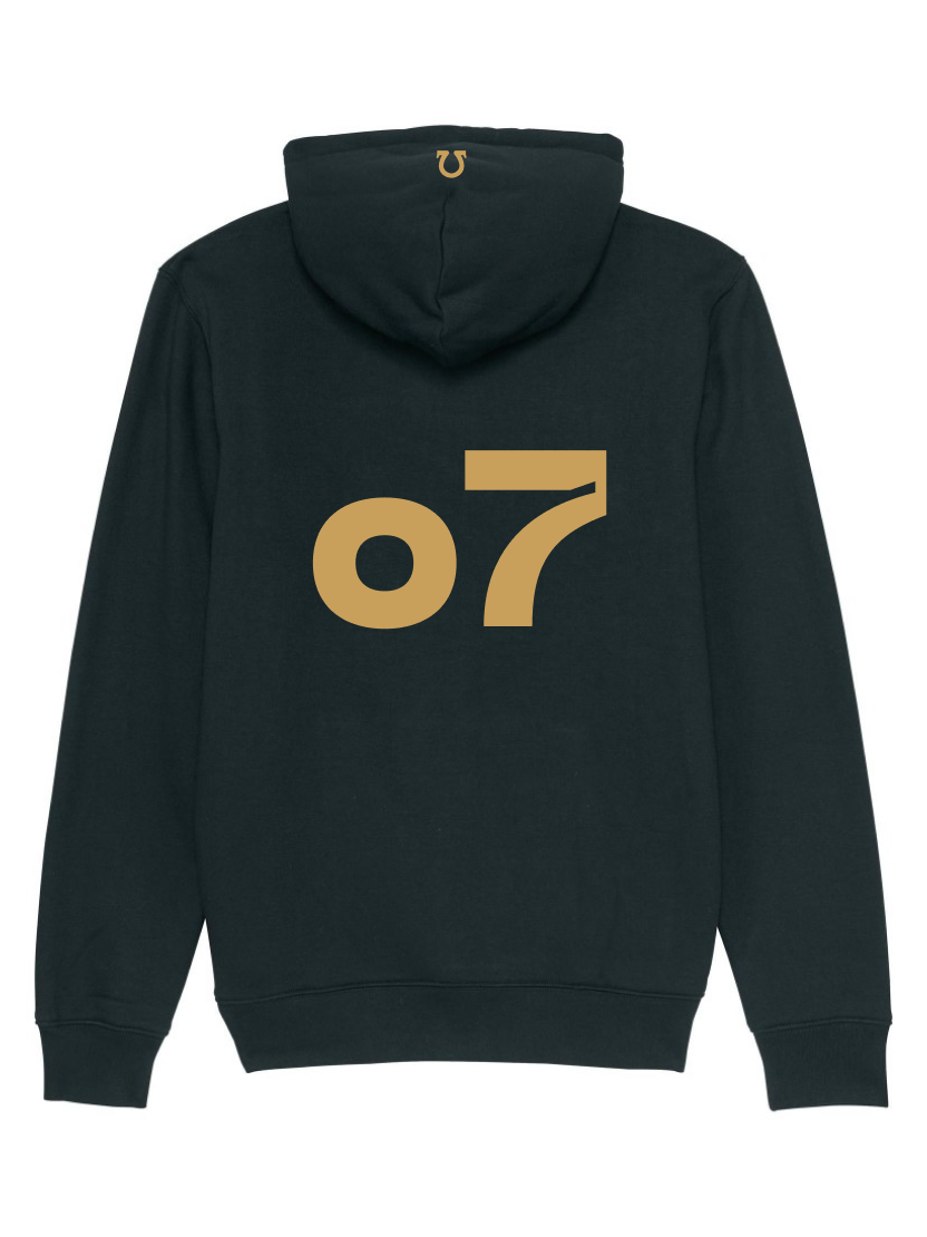 UI x OKO gold "o7" print on a black unisex hoodie