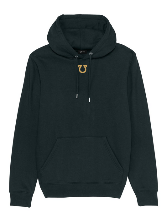 UI x OKO gold "o7" print on a black unisex hoodie