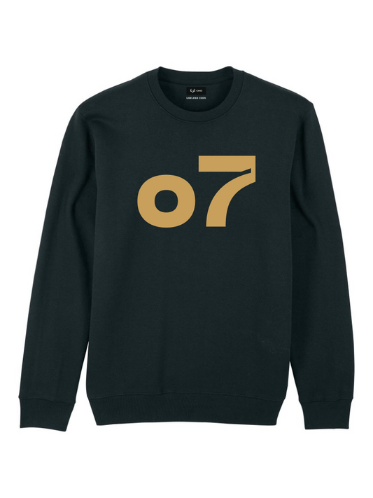 UI x OKO gold "o7" print on a black unisex sweatshirt