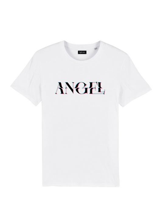 Glitched "Angel" digital 3d effect black text print on a white unisex T-shirt