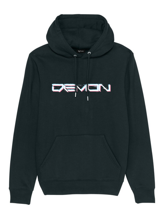 Glitched "Demon" digital 3d effect white text print on a black unisex hoodie