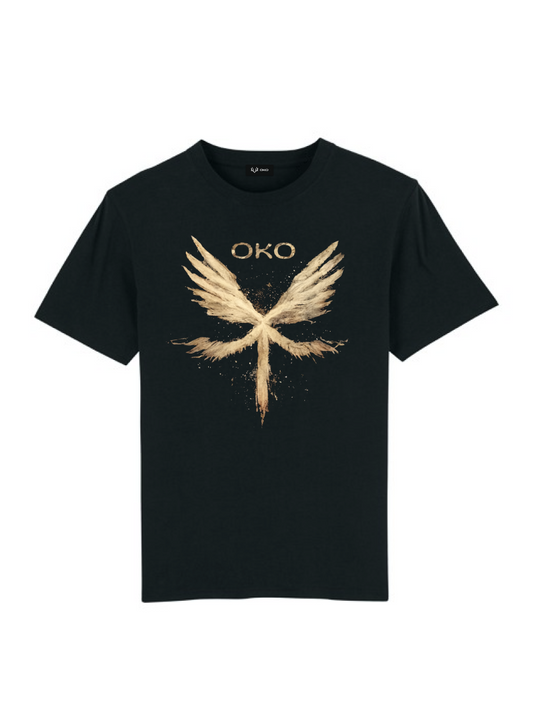 Glitched golden angel print black unisex T-shirt