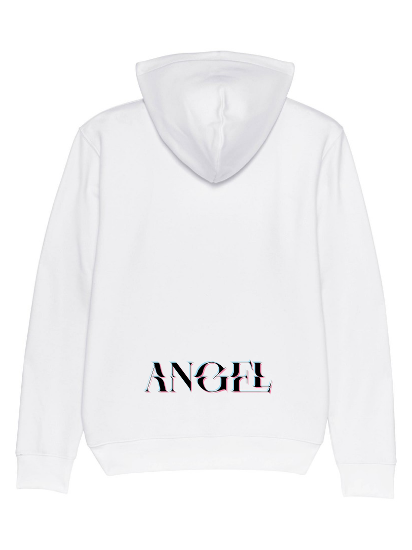 Glitched "Angel" digital 3d effect black text print on a white unisex hoodie