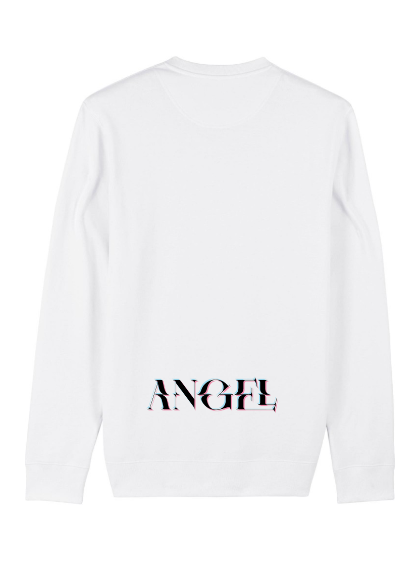 Glitched "Angel" digital 3d effect black text print on a white unisex sweatshirt