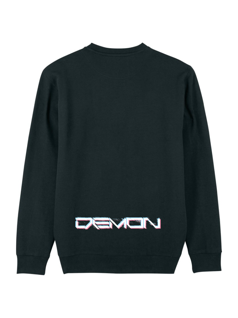 Glitched "Demon" digital 3d effect white text print on a black unisex sweatshirt